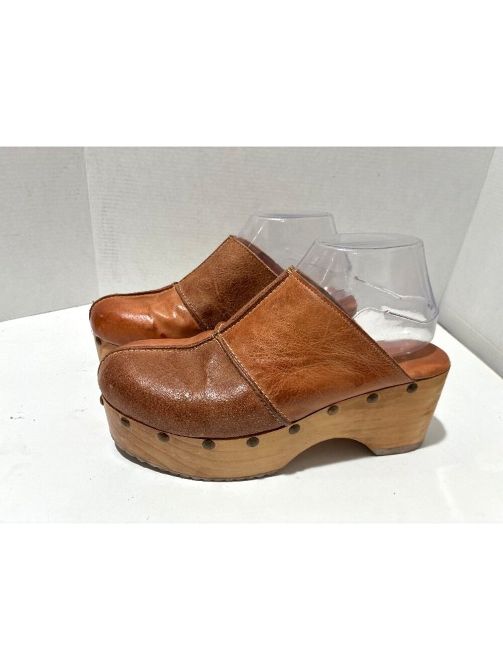 Bed|Stü Mista wooden clogs two-tone patchwork leather flat metal stud detailing